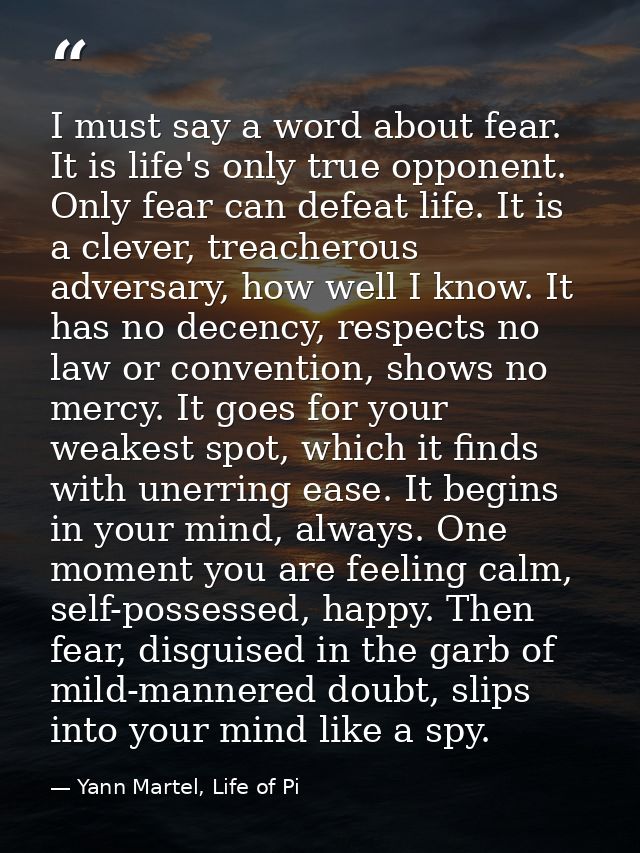 I must say a word about fear. It is life's only true opponent. Only fear can defeat life. It is a clever, treacherous ad — Yann Martel, Life of Pi
