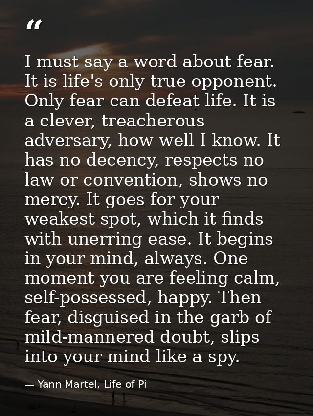I must say a word about fear. It is life's only true opponent. Only fear can defeat life. It is a clever, treacherous ad — Yann Martel, Life of Pi