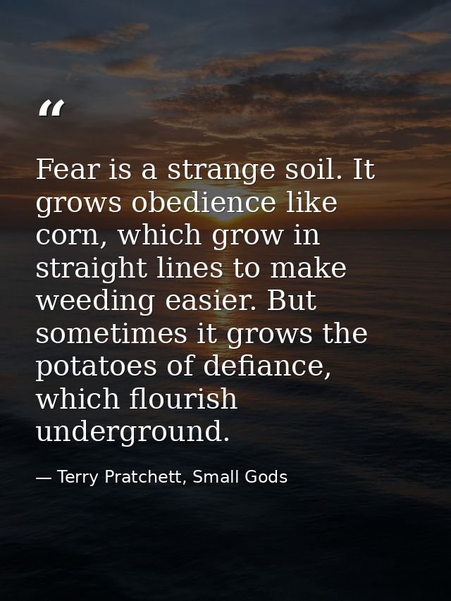 Fear is a strange soil. It grows obedience like corn, which grow in straight lines to make weeding easier. But sometimes — Terry Pratchett, Small Gods