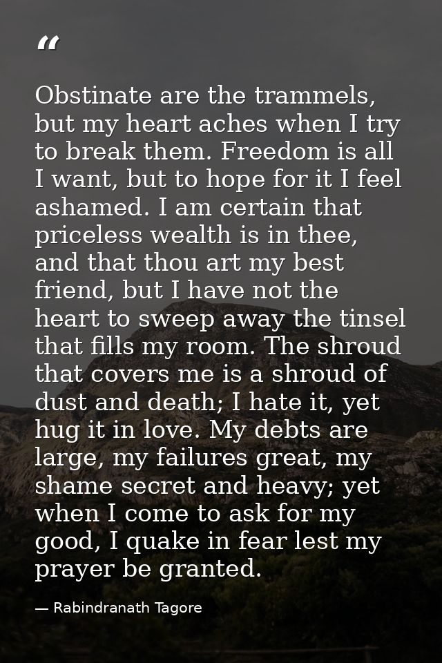 Obstinate are the trammels, but my heart aches when I try to break them. Freedom is all I want, but to hope for it I fee — Rabindranath Tagore