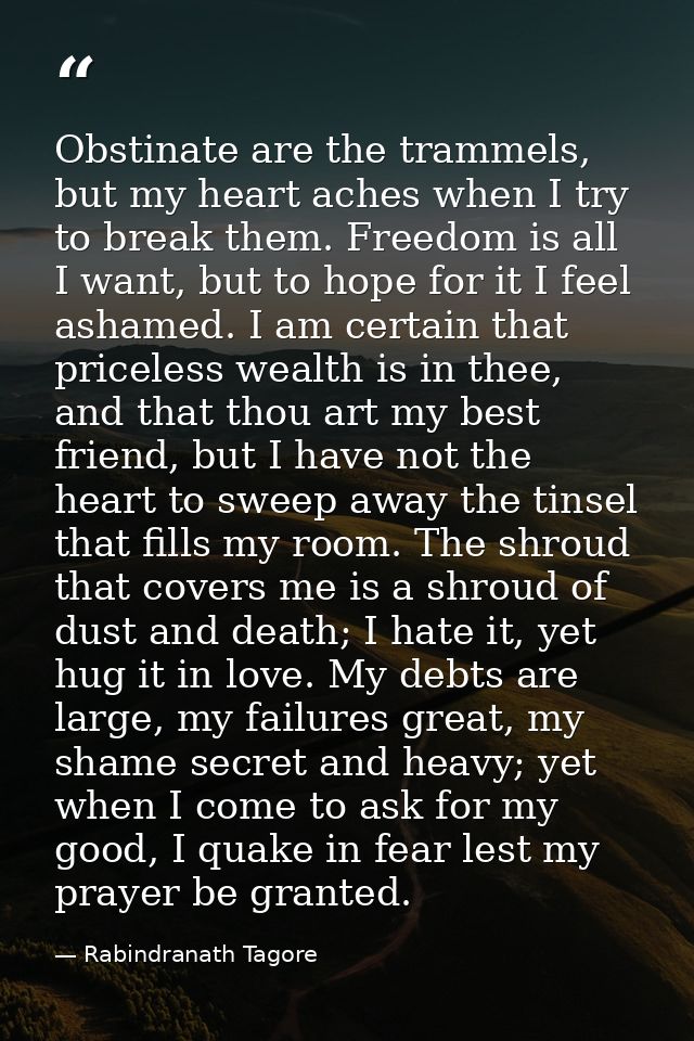 Obstinate are the trammels, but my heart aches when I try to break them. Freedom is all I want, but to hope for it I fee — Rabindranath Tagore