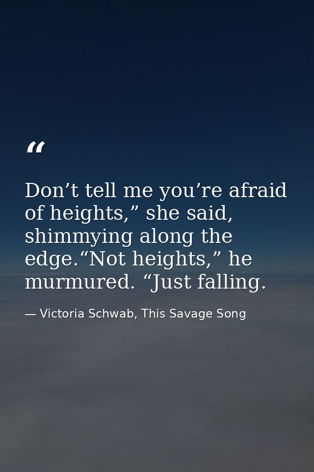 Don’t tell me you’re afraid of heights,” she said, shimmying along the edge.“Not heights,” he murmured. “Just falling. — Victoria Schwab, This Savage Song