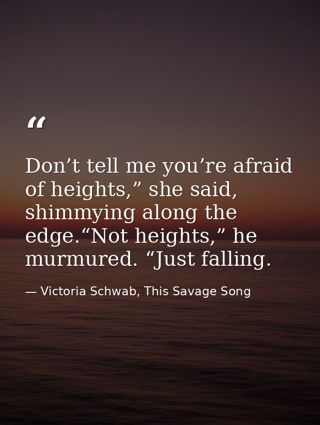 Don’t tell me you’re afraid of heights,” she said, shimmying along the edge.“Not heights,” he murmured. “Just falling. — Victoria Schwab, This Savage Song