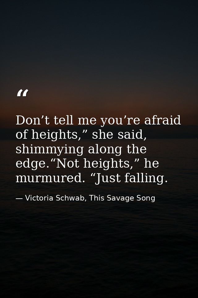 Don’t tell me you’re afraid of heights,” she said, shimmying along the edge.“Not heights,” he murmured. “Just falling. — Victoria Schwab, This Savage Song