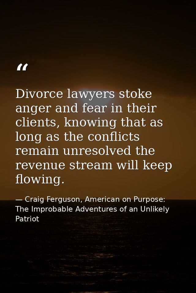 Divorce lawyers stoke anger and fear in their clients, knowing that as long as the conflicts remain unresolved the reven — Craig Ferguson, American on Purpose: The Improbable Adventures of an Unlikely Patriot