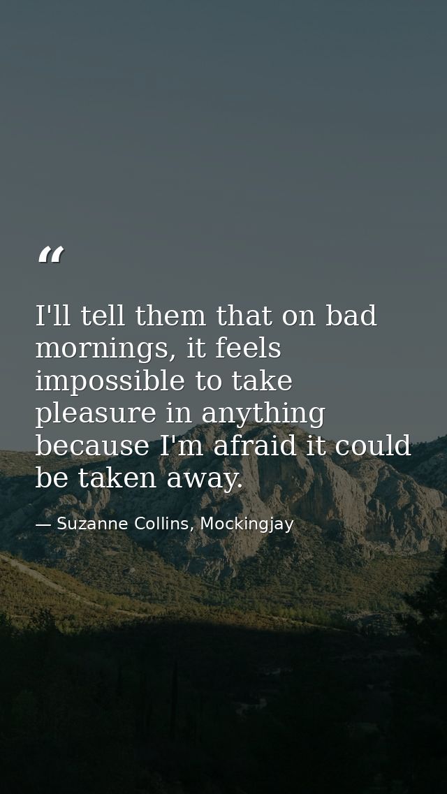 I'll tell them that on bad mornings, it feels impossible to take pleasure in anything because I'm afraid it could be tak — Suzanne Collins, Mockingjay