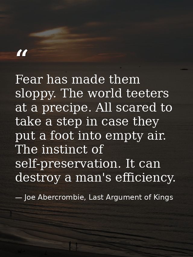 Fear has made them sloppy. The world teeters at a precipe. All scared to take a step in case they put a foot into empty  — Joe Abercrombie, Last Argument of Kings