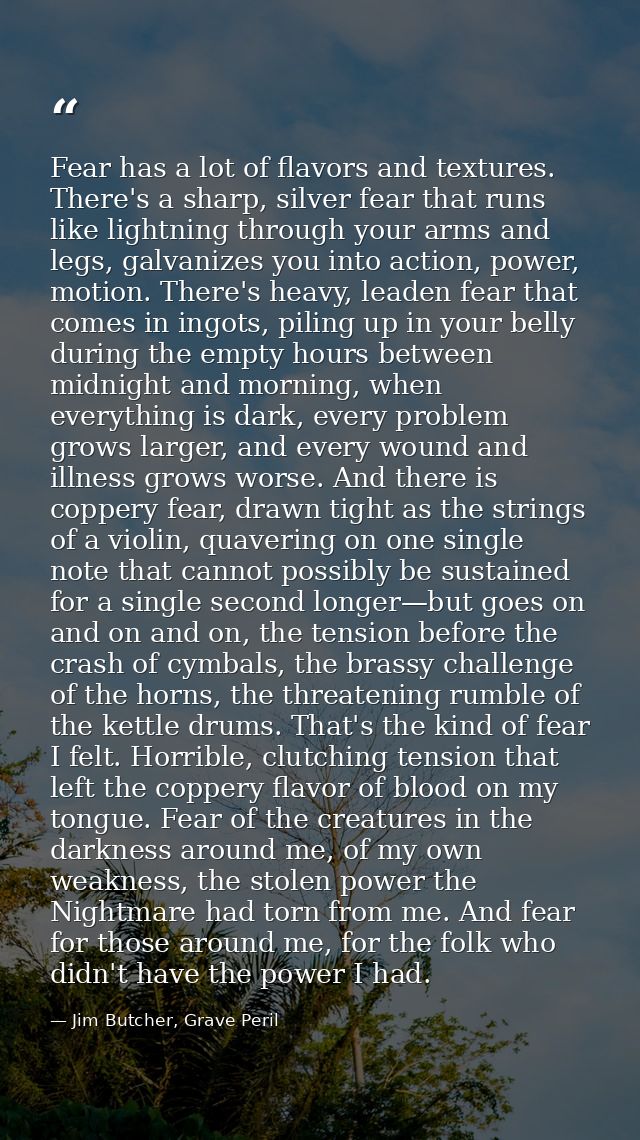 Fear has a lot of flavors and textures. There's a sharp, silver fear that runs like lightning through your arms and legs — Jim Butcher, Grave Peril