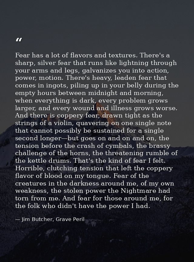 Fear has a lot of flavors and textures. There's a sharp, silver fear that runs like lightning through your arms and legs — Jim Butcher, Grave Peril