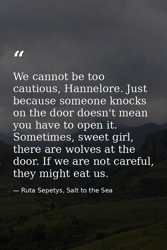 We cannot be too cautious, Hannelore. Just because someone knocks on the door doesn't mean you have to open it. Sometime — Ruta Sepetys, Salt to the Sea