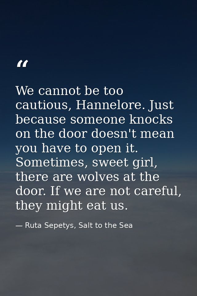We cannot be too cautious, Hannelore. Just because someone knocks on the door doesn't mean you have to open it. Sometime — Ruta Sepetys, Salt to the Sea