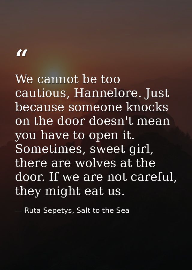 We cannot be too cautious, Hannelore. Just because someone knocks on the door doesn't mean you have to open it. Sometime — Ruta Sepetys, Salt to the Sea