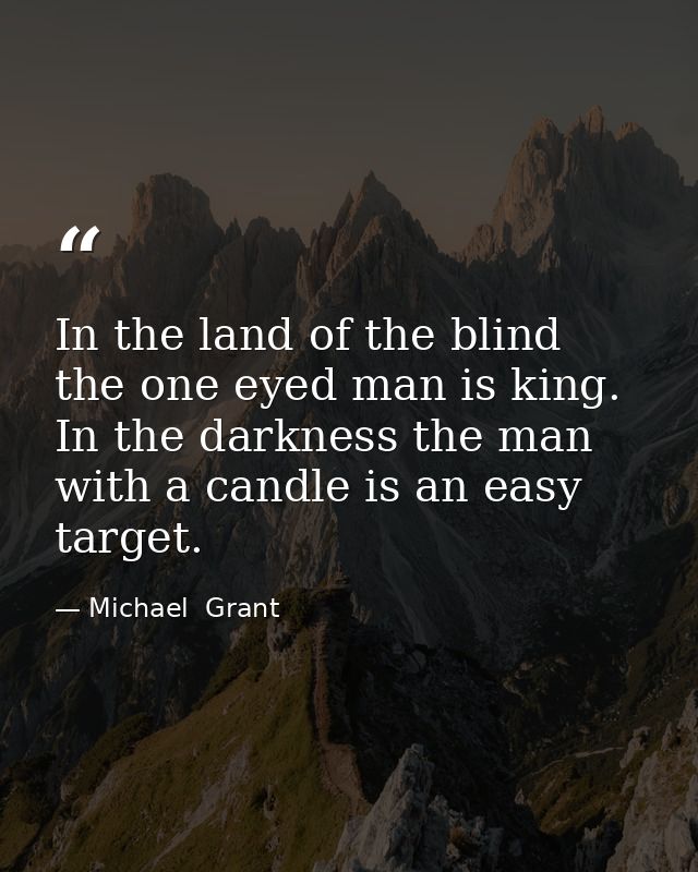 In the land of the blind the one eyed man is king. In the darkness the man with a candle is an easy target. — Michael  Grant