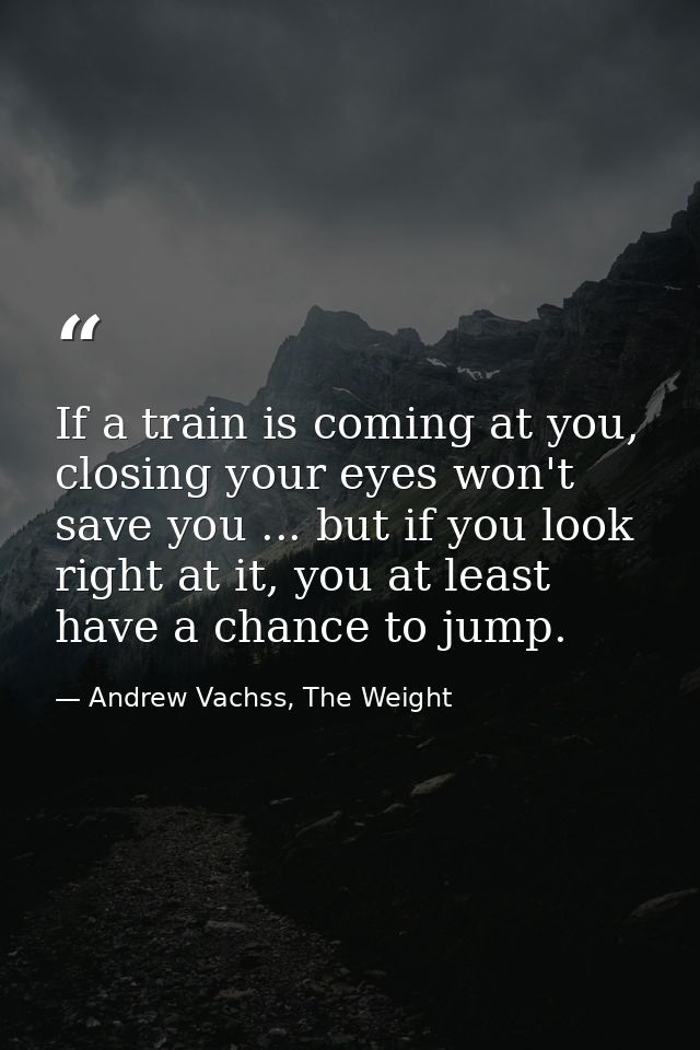 If a train is coming at you, closing your eyes won't save you ... but if you look right at it, you at least have a chanc — Andrew Vachss, The Weight