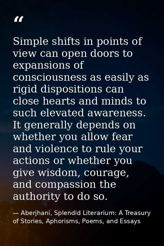 Simple shifts in points of view can open doors to expansions of consciousness as easily as rigid dispositions can close  — Aberjhani, Splendid Literarium: A Treasury of Stories, Aphorisms, Poems, and Essays