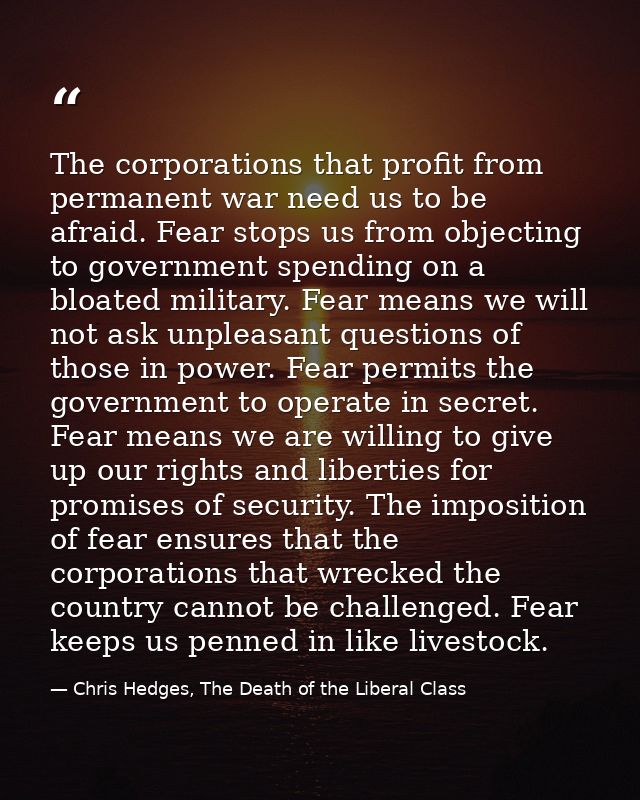 The corporations that profit from permanent war need us to be afraid. Fear stops us from objecting to government spendin — Chris Hedges, The Death of the Liberal Class