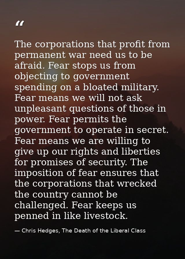 The corporations that profit from permanent war need us to be afraid. Fear stops us from objecting to government spendin — Chris Hedges, The Death of the Liberal Class