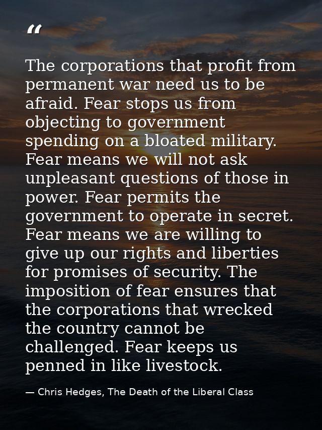 The corporations that profit from permanent war need us to be afraid. Fear stops us from objecting to government spendin — Chris Hedges, The Death of the Liberal Class