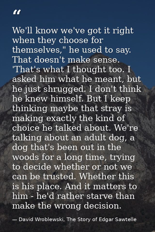 We'll know we've got it right when they choose for themselves," he used to say. That doesn't make sense. 'That's what I  — David Wroblewski, The Story of Edgar Sawtelle