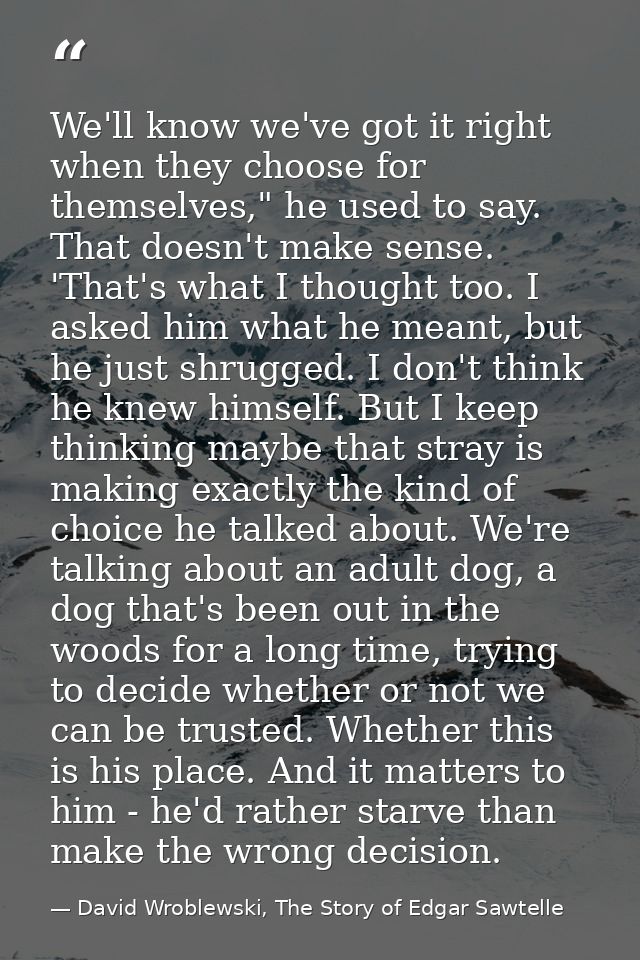 We'll know we've got it right when they choose for themselves," he used to say. That doesn't make sense. 'That's what I  — David Wroblewski, The Story of Edgar Sawtelle