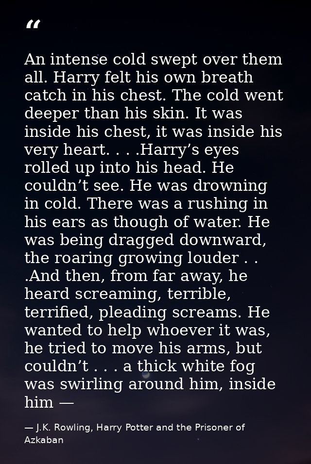 An intense cold swept over them all. Harry felt his own breath catch in his chest. The cold went deeper than his skin. I — J.K. Rowling, Harry Potter and the Prisoner of Azkaban