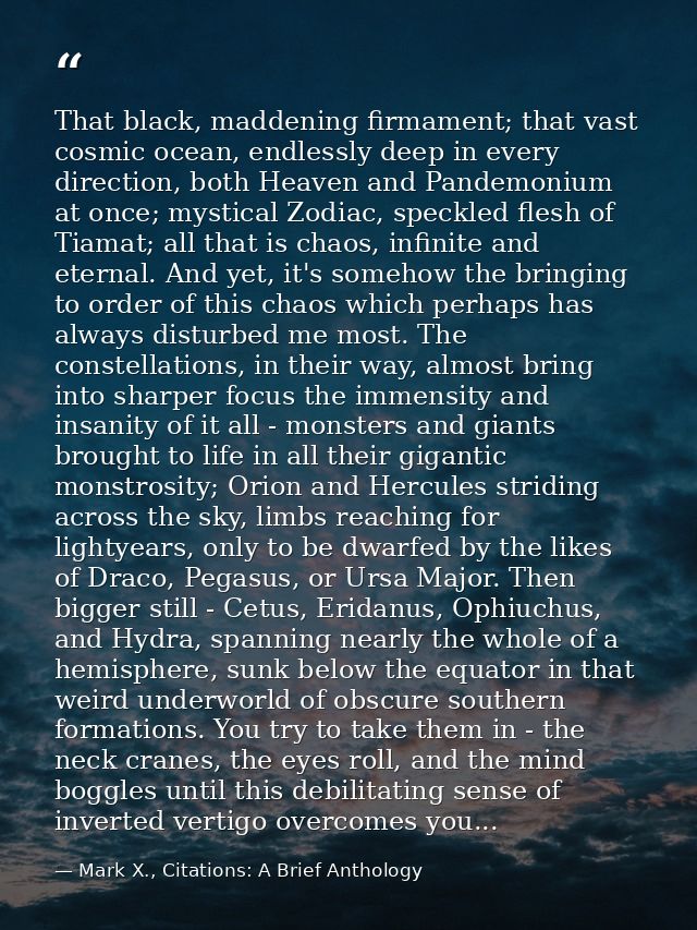 That black, maddening firmament; that vast cosmic ocean, endlessly deep in every direction, both Heaven and Pandemonium  — Mark X., Citations: A Brief Anthology