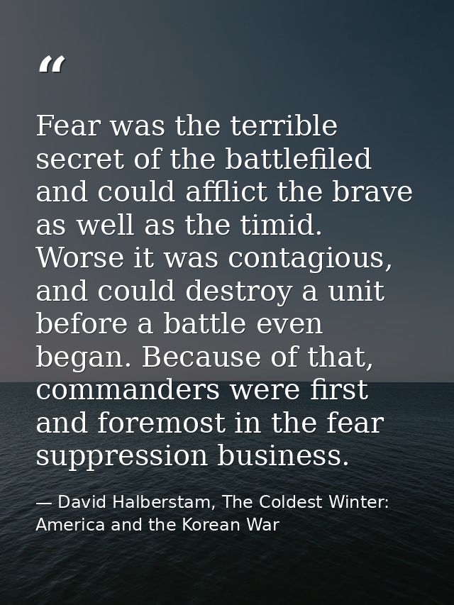 Fear was the terrible secret of the battlefiled and could afflict the brave as well as the timid. Worse it was contagiou — David Halberstam, The Coldest Winter: America and the Korean War