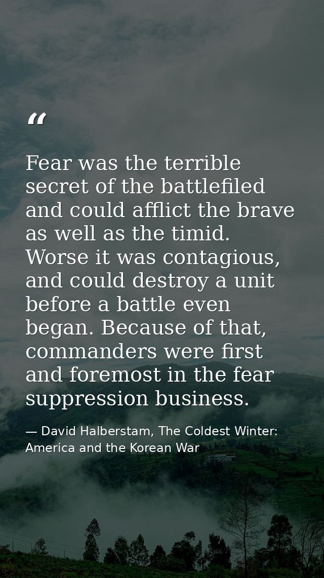 Fear was the terrible secret of the battlefiled and could afflict the brave as well as the timid. Worse it was contagiou — David Halberstam, The Coldest Winter: America and the Korean War