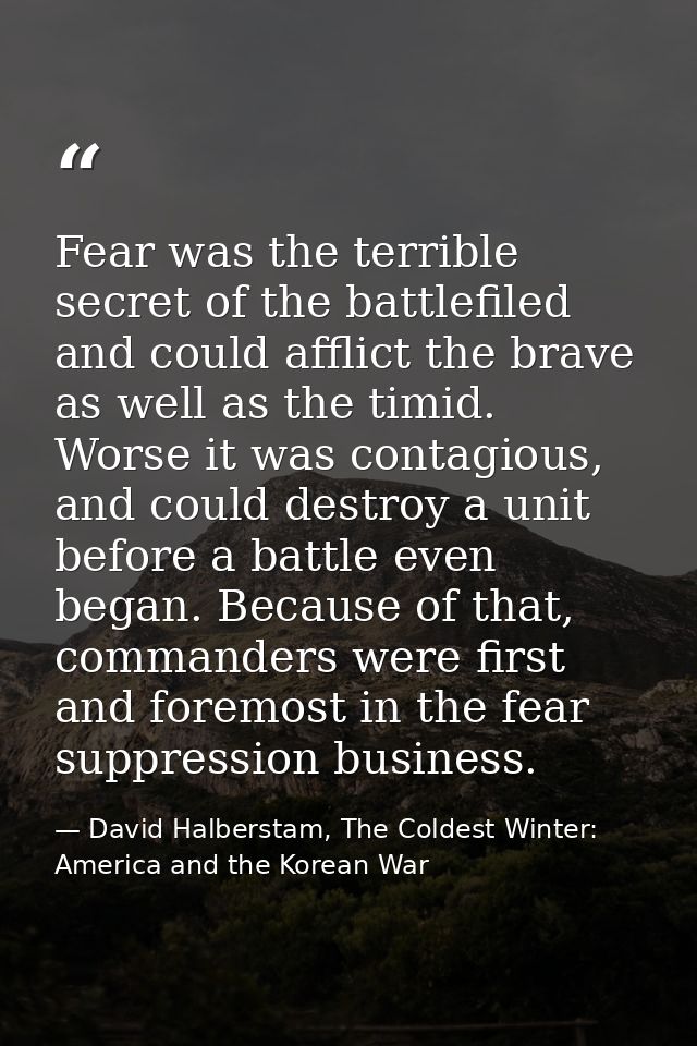Fear was the terrible secret of the battlefiled and could afflict the brave as well as the timid. Worse it was contagiou — David Halberstam, The Coldest Winter: America and the Korean War