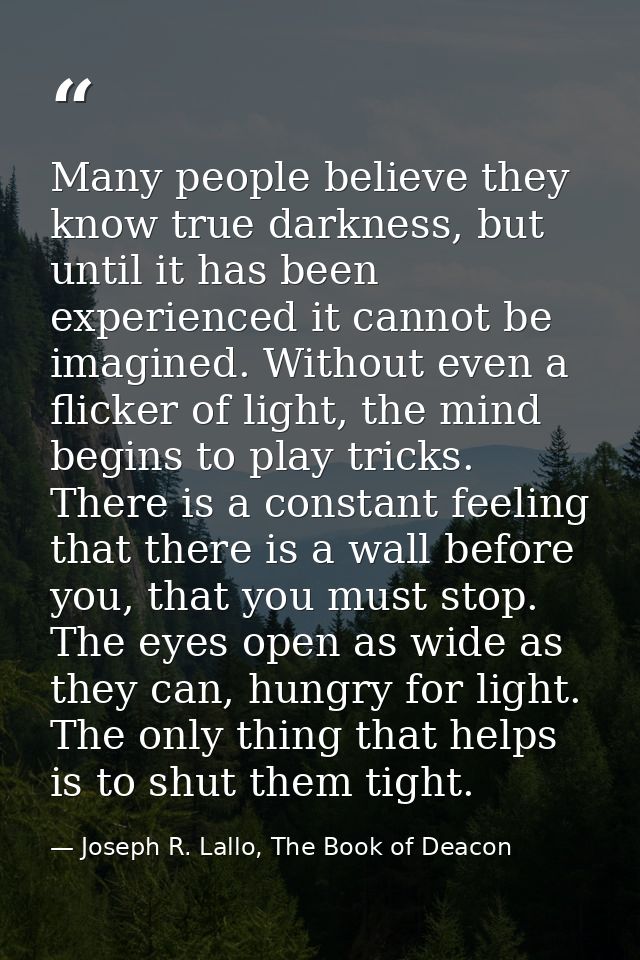 Many people believe they know true darkness, but until it has been experienced it cannot be imagined. Without even a fli — Joseph R. Lallo, The Book of Deacon