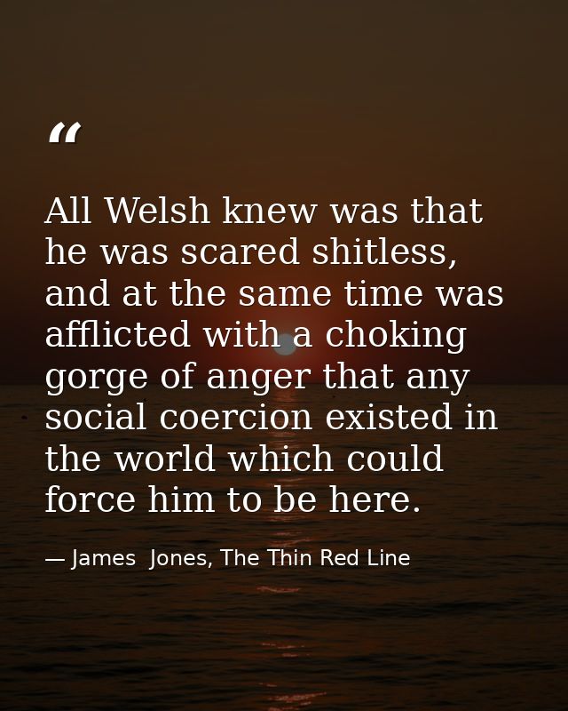 All Welsh knew was that he was scared shitless, and at the same time was afflicted with a choking gorge of anger that an — James  Jones, The Thin Red Line