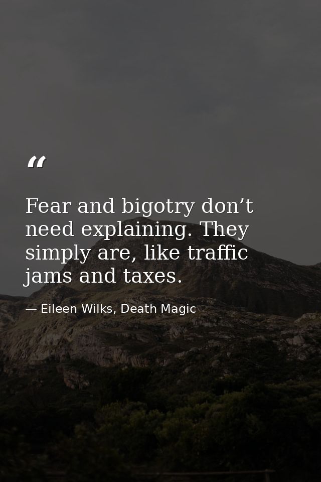 Fear and bigotry don’t need explaining. They simply are, like traffic jams and taxes. — Eileen Wilks, Death Magic