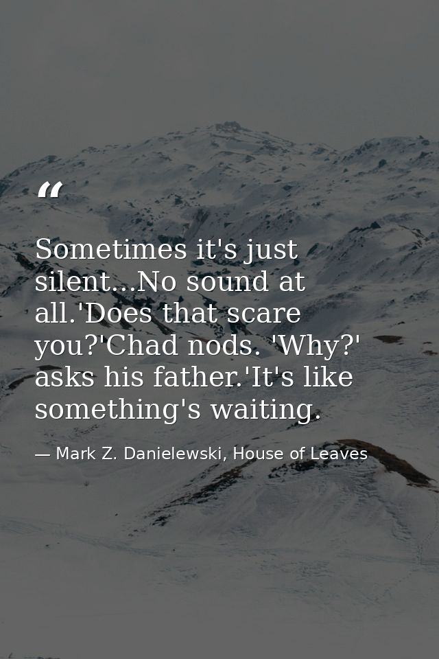 Sometimes it's just silent...No sound at all.'Does that scare you?'Chad nods. 'Why?' asks his father.'It's like somethin — Mark Z. Danielewski, House of Leaves