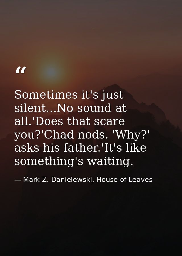 Sometimes it's just silent...No sound at all.'Does that scare you?'Chad nods. 'Why?' asks his father.'It's like somethin — Mark Z. Danielewski, House of Leaves
