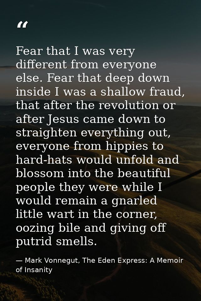 Fear that I was very different from everyone else. Fear that deep down inside I was a shallow fraud, that after the revo — Mark Vonnegut, The Eden Express: A Memoir of Insanity