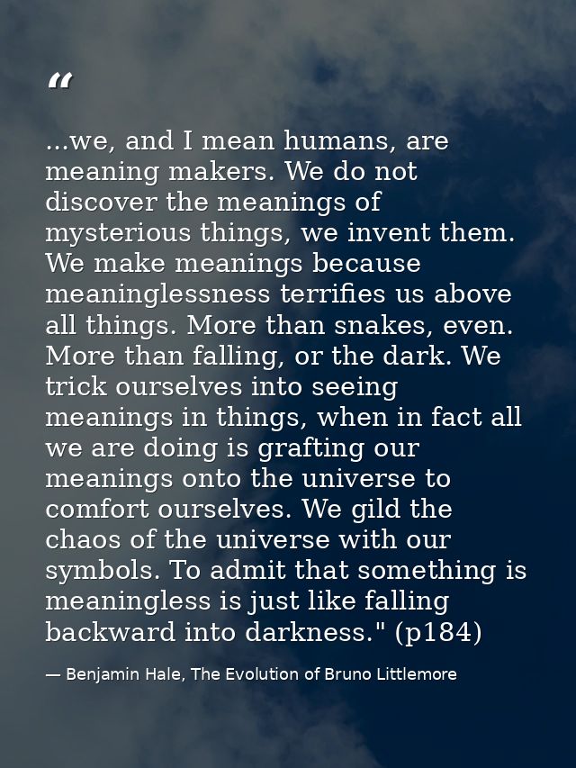 ...we, and I mean humans, are meaning makers. We do not discover the meanings of mysterious things, we invent them. We m — Benjamin Hale, The Evolution of Bruno Littlemore