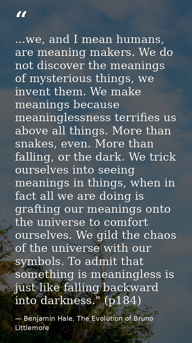 ...we, and I mean humans, are meaning makers. We do not discover the meanings of mysterious things, we invent them. We m — Benjamin Hale, The Evolution of Bruno Littlemore