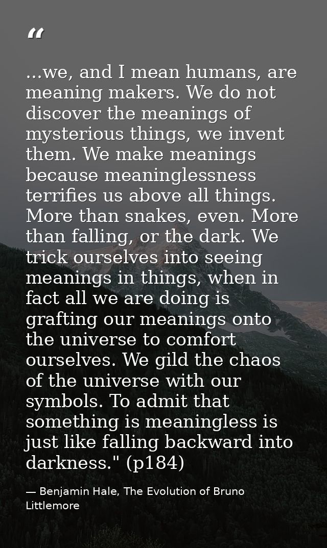 ...we, and I mean humans, are meaning makers. We do not discover the meanings of mysterious things, we invent them. We m — Benjamin Hale, The Evolution of Bruno Littlemore