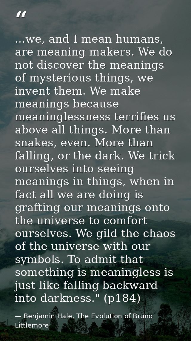 ...we, and I mean humans, are meaning makers. We do not discover the meanings of mysterious things, we invent them. We m — Benjamin Hale, The Evolution of Bruno Littlemore