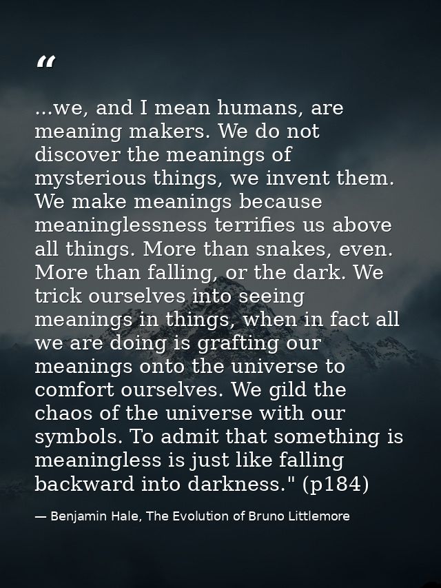 ...we, and I mean humans, are meaning makers. We do not discover the meanings of mysterious things, we invent them. We m — Benjamin Hale, The Evolution of Bruno Littlemore
