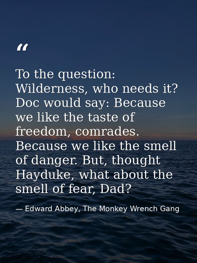 To the question: Wilderness, who needs it? Doc would say: Because we like the taste of freedom, comrades. Because we lik — Edward Abbey, The Monkey Wrench Gang