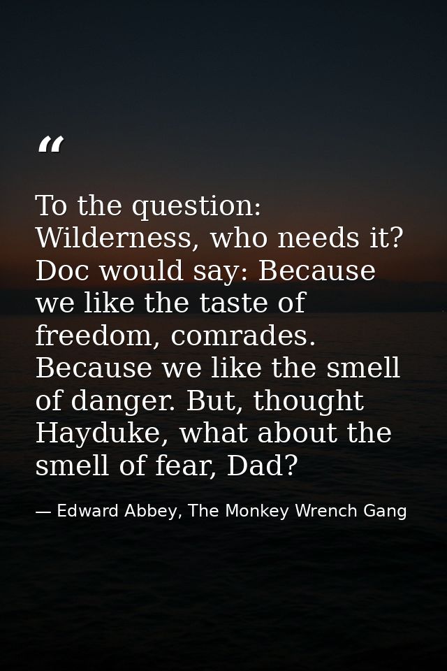 To the question: Wilderness, who needs it? Doc would say: Because we like the taste of freedom, comrades. Because we lik — Edward Abbey, The Monkey Wrench Gang