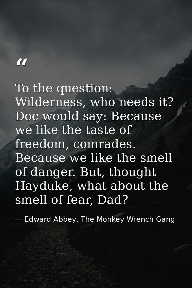 To the question: Wilderness, who needs it? Doc would say: Because we like the taste of freedom, comrades. Because we lik — Edward Abbey, The Monkey Wrench Gang