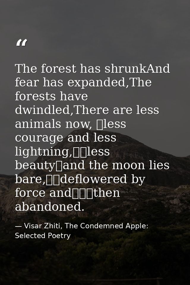 The forest has shrunkAnd fear has expanded,The forests have dwindled,There are less animals now, 	less courage and less  — Visar Zhiti, The Condemned Apple: Selected Poetry