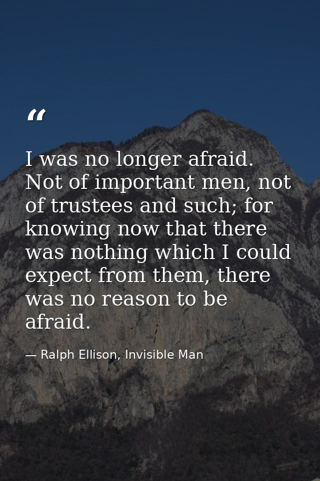 I was no longer afraid. Not of important men, not of trustees and such; for knowing now that there was nothing which I c — Ralph Ellison, Invisible Man