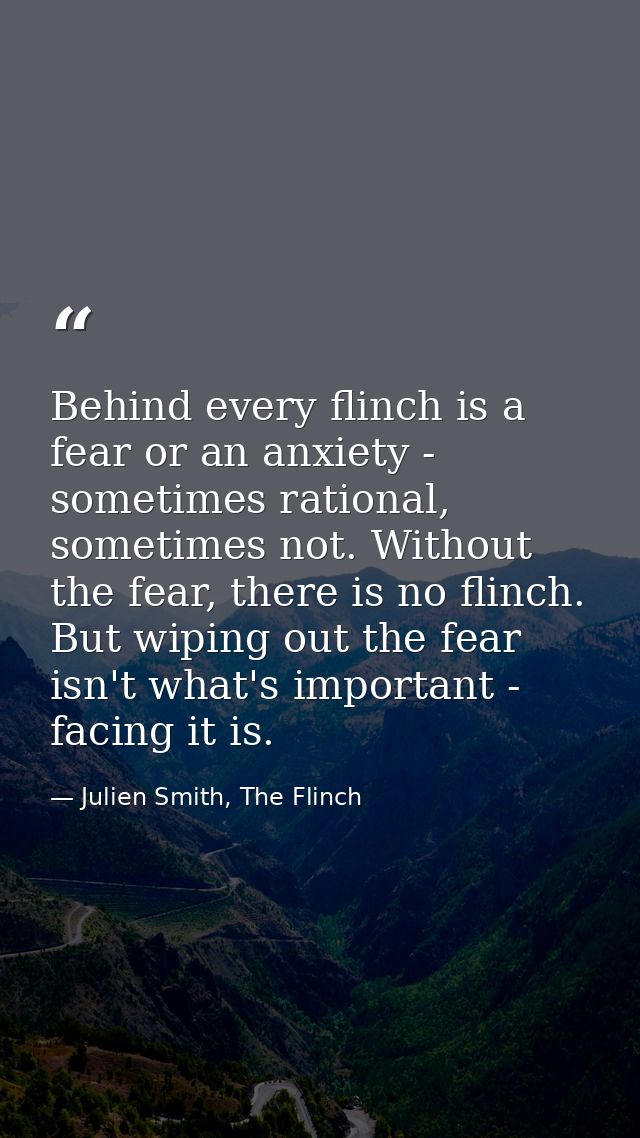 Behind every flinch is a fear or an anxiety - sometimes rational, sometimes not. Without the fear, there is no flinch. B — Julien Smith, The Flinch