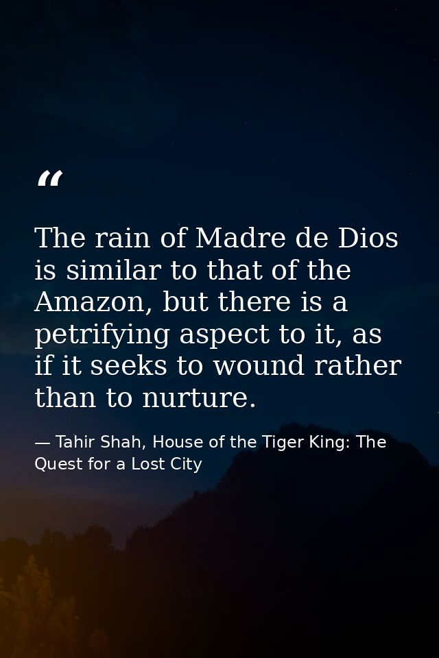 The rain of Madre de Dios is similar to that of the Amazon, but there is a petrifying aspect to it, as if it seeks to wo — Tahir Shah, House of the Tiger King: The Quest for a Lost City