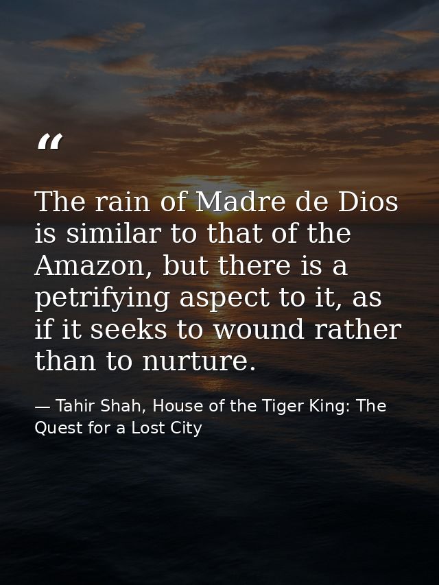 The rain of Madre de Dios is similar to that of the Amazon, but there is a petrifying aspect to it, as if it seeks to wo — Tahir Shah, House of the Tiger King: The Quest for a Lost City
