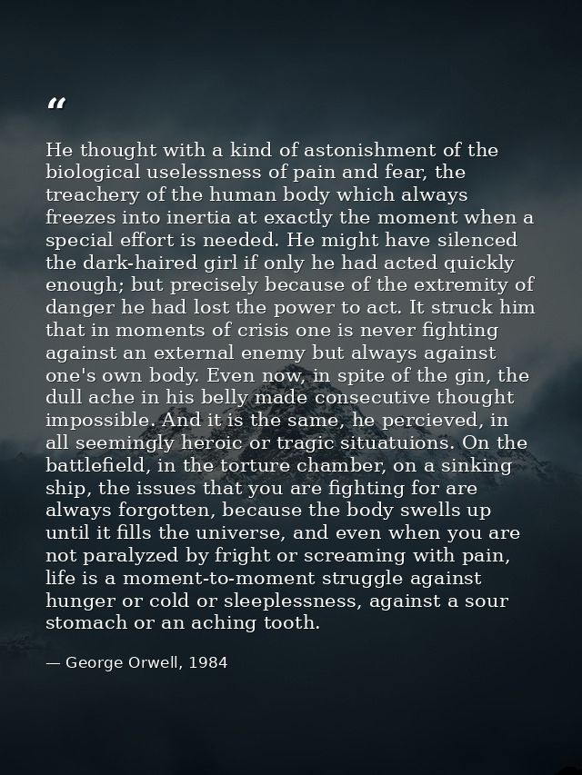 He thought with a kind of astonishment of the biological uselessness of pain and fear, the treachery of the human body w — George Orwell, 1984