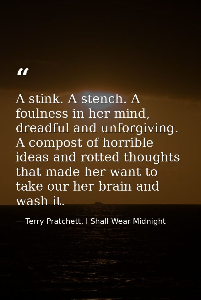 A stink. A stench. A foulness in her mind, dreadful and unforgiving. A compost of horrible ideas and rotted thoughts tha — Terry Pratchett, I Shall Wear Midnight